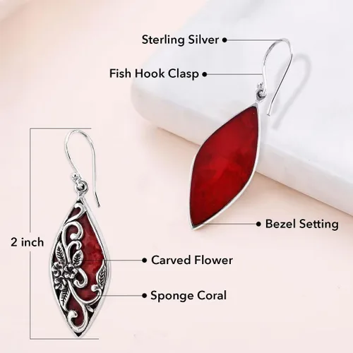 Vista 3 de Red Coral Drop Dangle Earrings for Women in 925 Sterling Silver 01 - Coral