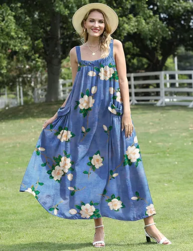 Vista 3 de YESNO Vestido largo para mujer con bolsillos, estilo bohemio de verano con correa ancha ajustable con botones, E96