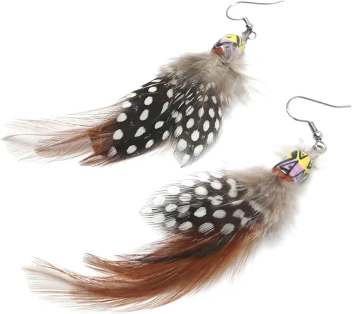 Vista 3 de Natural Feather Ethnic Fusion Earrings Peruvian Ceramic Yellow Lilac Black
