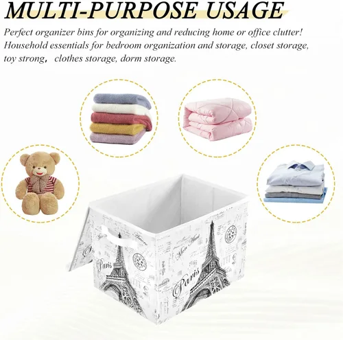 Vista 7 de Kigai Paris - Papeleras de almacenamiento plegables con tapa de torre Eiffel con doble asa, caja de almacenamiento abatible para documentos de ropa