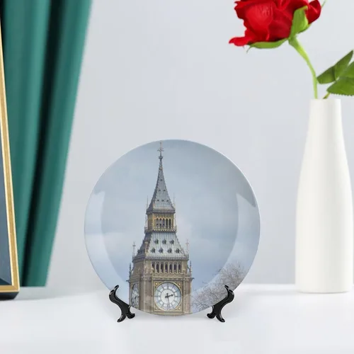 Vista 6 de Plato decorativo para exhibición, plato Big Ben London, plato redondo de cerámica, platos conmemorativos con soporte, adorno de porcelana