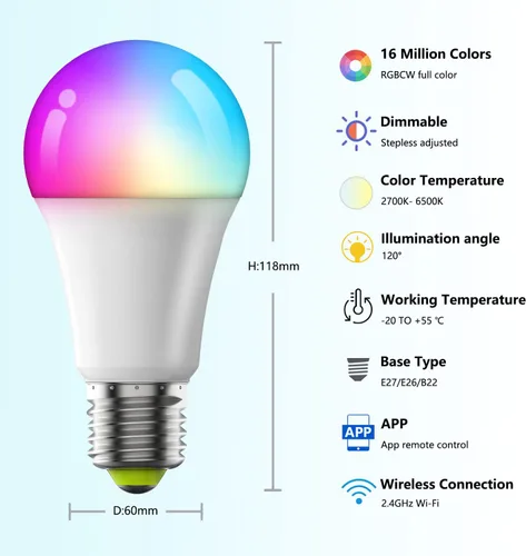 Vista 3 de Bombillas inteligentes, bombilla LED regulable que cambia a todo color, compatible con Alexa y Google Assistant, certificado UL FCC, WiFi de 2.4