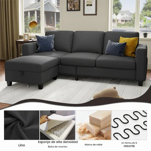 Vista 4 de Sofá seccional y sofás para sala de estar, sofá de lino gris oscuro en forma de L de 78 pulgadas, sofás convertibles modulares de 3 plazas aptos
