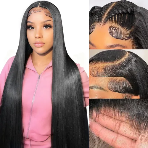Vista 9 de Pelucas de cabello humano lacio prearrancado de 13 x 6 pulgadas, pelucas de cabello humano de densidad 200 HD transparente con encaje frontal