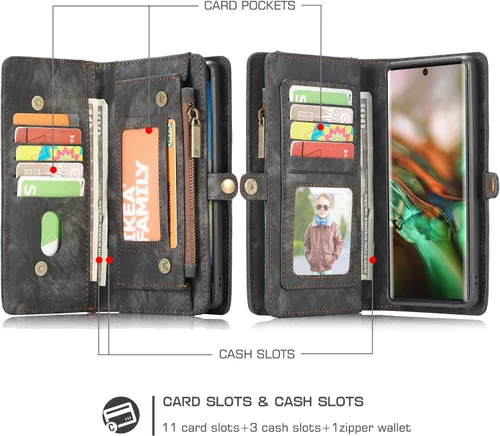 Vista 2 de Funda para Samsung Galaxy Note 10 Plus, funda de cuero con cremallera, funda magnética desmontable con ranuras para tarjetas de crédito, soporte