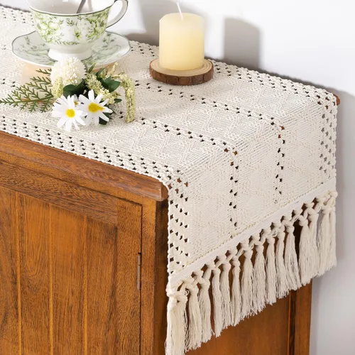 Vista 23 de Socomi Camino de mesa bohemio de verano rústico para comedor, cocina, centro de mesa, decoración pequeña de macramé de algodón y lino, camino