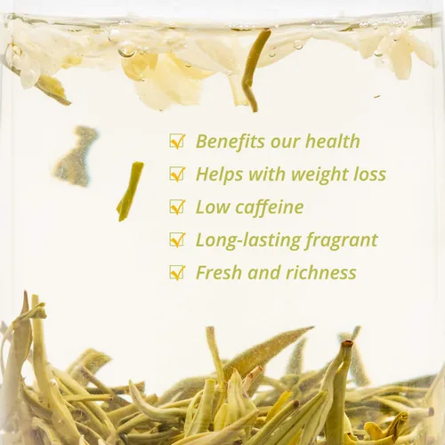 Vista 3 de Oriarm Té de jazmín Bi Tan Piao Xue 2023 Hoja suelta – Té verde chino Mao Feng con flores de jazmín – Yuqian 1er grado 100g (3.53oz) Bolsa