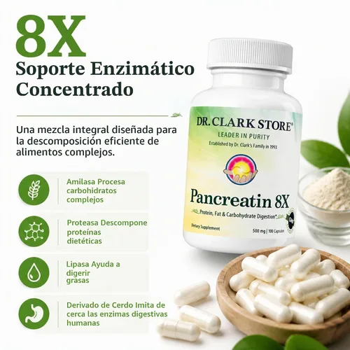 Vista 3 de Dr Clark Store Pancreatin 8X Suplemento enzimático 500 mg, 100 cápsulas