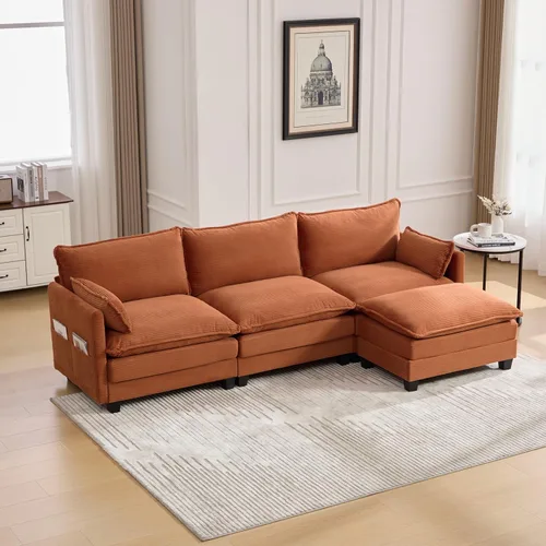 Vista 11 de Sofá seccional en forma de U de gran tamaño con asiento profundo de pana con marco de madera maciza, sofá modular cómodo moderno con reposabrazos