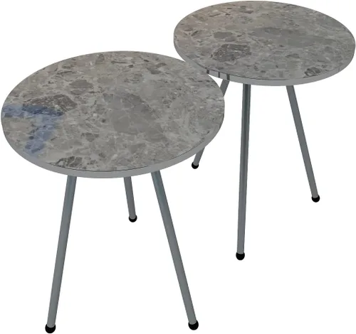 Vista 6 de Juego de 2 mesas auxiliares redondas de madera con aspecto de mármol, mesa auxiliar anidable para espacios pequeños, mesita de noche, sin