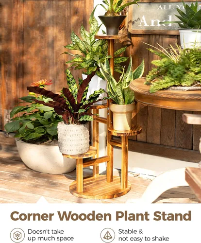 Vista 6 de Bamworld Soporte para plantas de interior, soporte de madera de 4 niveles para múltiples plantas, soportes de esquina altos para plantas al aire