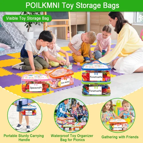 Vista 10 de Paquete de 6 bolsas de almacenamiento transparentes para juguetes, con bolsillo manual para etiqueta de nombre, funda organizadora de juguetes