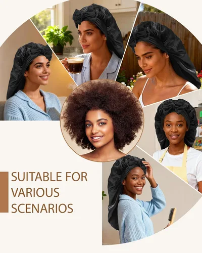 Vista 6 de AWAYTR - Gorro de satén para trenzas y cabello largo durmiendo para mujeres Long Satin Sleep Cap With Adjustable Tie Band, Protecting Braids Curly