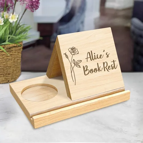 Vista 3 de Estantería personalizada con diseño de flor de nacimiento de madera de roble macizo, soporte para libros de madera con texto personalizado, soporte