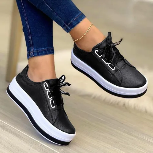 Vista 2 de Hbeylia Zapatos deportivos de plataforma para mujer, a la moda, informales, de cuero, puntera redonda, parte inferior gruesa, tacones altos, zapatos
