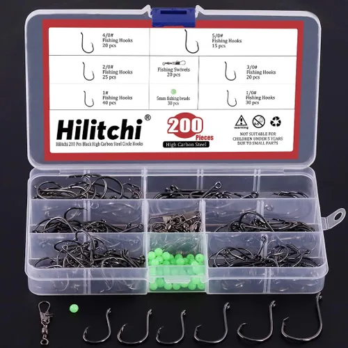 Vista 7 de Hilitchi 200 ganchos de pesca de 6 tamaños, diseño de punto compensado en acero de alto carbono, ganchos circulares para agua salada y agua dulce