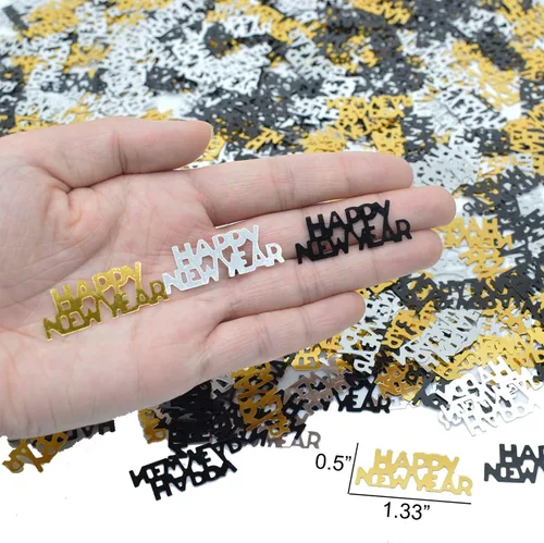 Vista 2 de Confeti de feliz año nuevo brillante metálico NYE confeti de mesa para decoración de fiesta de Año Nuevo 2025, oro negro y plata, 1.8 onzas