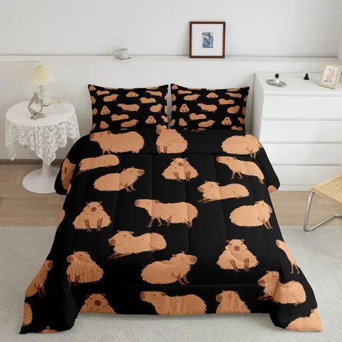 Vista 15 de Feelyou Juego de edredón de dibujos animados de Capybara, tamaño individual con 1 funda de almohada, juego de ropa de cama con estampado de Multi 02