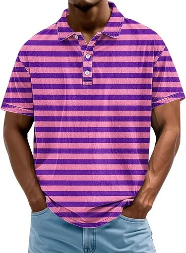 Vista 16 de Camisa polo de manga corta para hombre, camiseta de golf a rayas, de manga corta, para vacaciones, casual, cuello en V, camiseta de verano