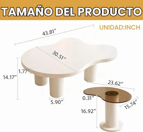 Vista 2 de Guyii - Juego de 2 mesas de centro modernas en forma de nube blanca crema, 2 mesas auxiliares, juego de mesas de sala de estar con mesa auxiliar