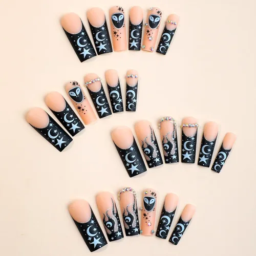 Vista 2 de Uñas postizas cuadradas extralargas a presión, uñas postizas francesas negras con pegamento con diseños de estrella, luna y llama, diamantes de Long