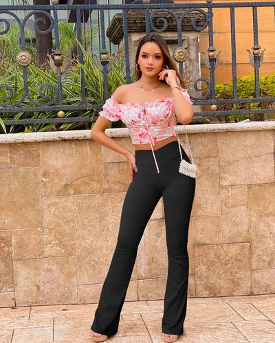 Vista 6 de OQQ Pantalones de yoga de 2 piezas para mujer, acanalados, sin costuras, cintura alta, cruzados, acampanados, leggings para ejercicio