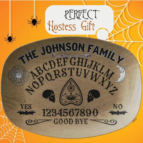 Vista 8 de Ouija Board Spirit Board Planchette Personalized Platter, Sun Moon Skull Bats Evil Eye Halloween Platter For Serving Food, Halloween Party Platter