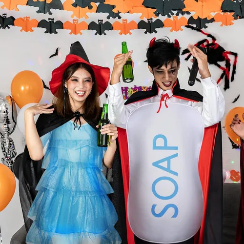 Vista 6 de Jenaai Juego de 3 piezas de disfraz de esponja de jabón para adultos, traje de burbujas a juego para parejas, disfraces de Halloween para adultos