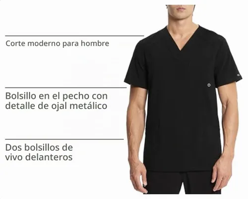 Vista 4 de Cherokee Infinity Men's V-Neck Scrub Top with 3 Pockets and 360° Stretch Negro