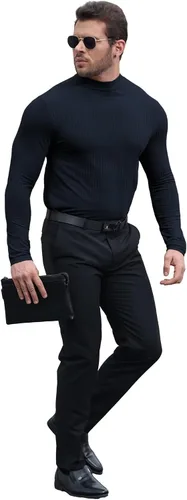 Vista 5 de Uni Clau Camisas de manga larga con cuello alto falso para hombre, camiseta térmica de punto acanalado casual