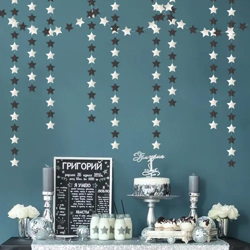 Vista 6 de Guirnalda de decoración de cumpleaños y graduación en negro y plata - 18.9 metros de serpentinas brillantes con purpurina y estrellas colgantes
