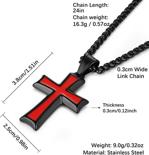 Vista 6 de HZMAN Collar con colgante de cruz de acero inoxidable para hombres con cadena de trigo Negro & rojo