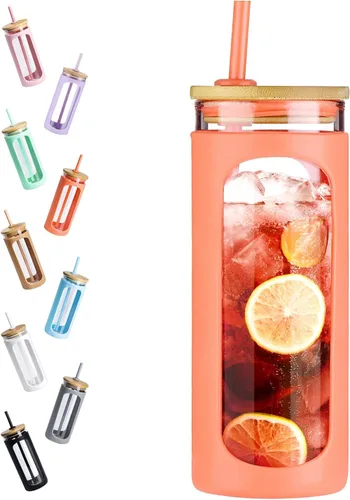 Vista 42 de Kodrine Vaso para agua de vidrio de 20 onzas con popote y tapa, botella de agua con tapas de bambú, taza para café helado, reutilizable, boca ancha