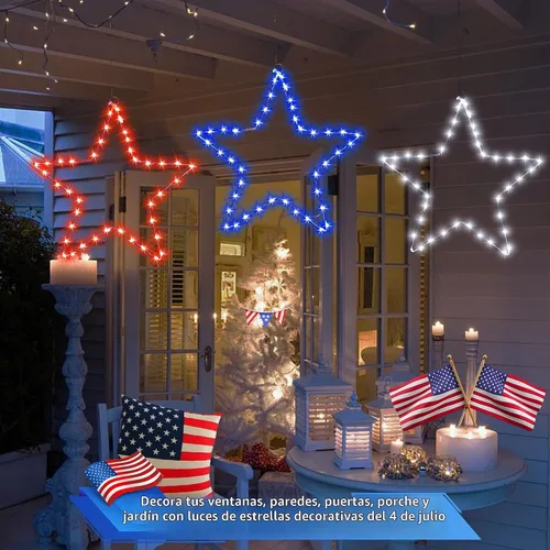 Vista 5 de Red White and Blue Lights,3Pack 4th of July Decorations Iron Framed Hanging Patriotic Star Lights 145LED USB Operated Indoor Window Light for Fourth