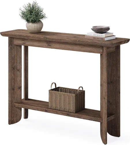 Vista 9 de LITTLE TREE Mesa de sofá de 41.3 pulgadas, mesa consola de madera maciza de 2 niveles para sala de estar, moderna mesa de sofá detrás del sofá, mesa