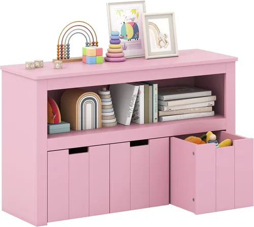 Vista 11 de HONEY JOY Organizador de almacenamiento de juguetes para niños, estante de guardería para niños, 3 cajas de juguetes de madera con ruedas, armario
