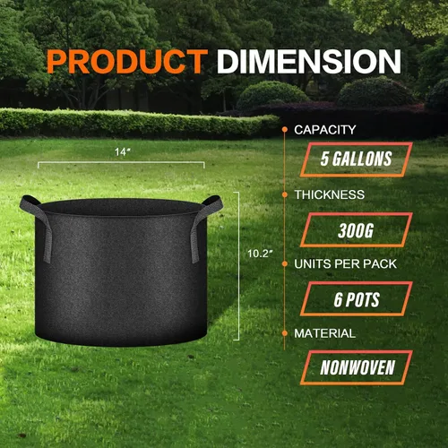 Vista 2 de iPower - Bolsa de cultivo para plantas de 5 galones, paquete de 6, resistentes, de tela con asas de nylon, contenedores de 300g de tela no tejida