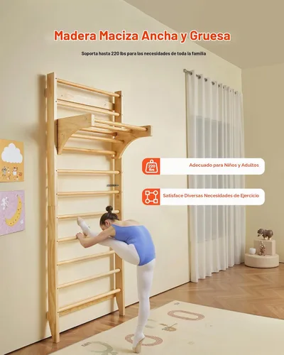 Vista 3 de VEVOR - Escalera sueca de pared, 8 en 1, barras de pared de madera maciza de 15 niveles, juego de escalada de gimnasio de selva interior de 220