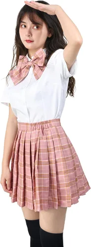 Vista 6 de PROCOS Disfraz de colegiala de talla estadounidense para mujer uniforme japonés con corbata de lazo a cuadros 5 piezas