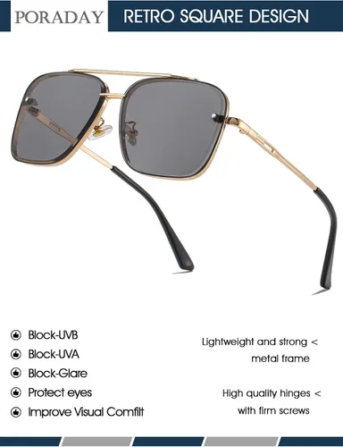 Vista 4 de PORADAY Gafas de sol cuadradas de aviador para hombres y mujeres gafas de sol de gran tamaño marco de metal vintage persianas degradadas