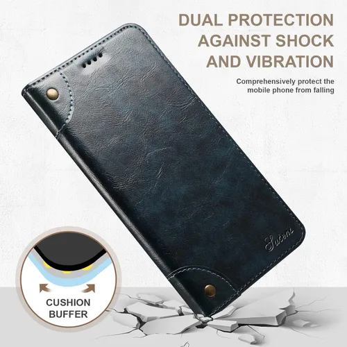 Vista 6 de SINIANL Funda compatible con iPhone 15, funda de piel azul con soporte magnético, soporte para tarjetas de crédito, funda tipo cartera