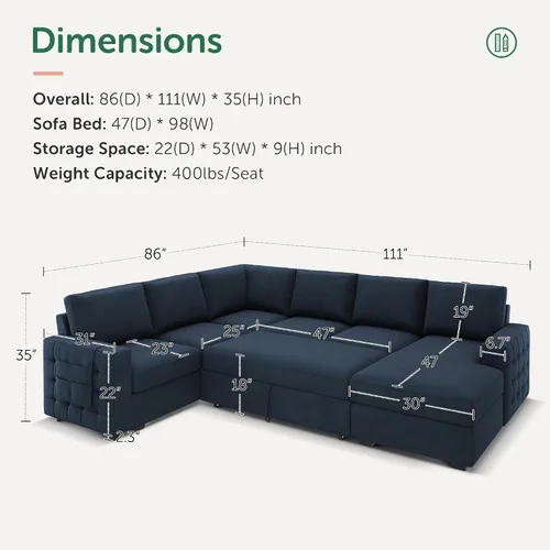 Vista 2 de HONBAY Sofá cama modular con cama extraíble, sofá seccional en forma de U, cama con diván de almacenamiento, sala de estar, sofá modular de 6 Azul