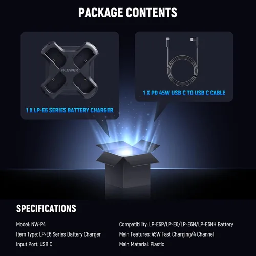 Vista 8 de NEEWER LP-E6/LP-E6N/LP-E6NH/LP-E6P Cargador de batería de cuatro canales con PD 45W carga rápida, cable USB C, cargador Quad USB compatible