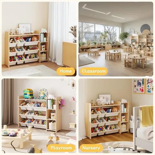 Vista 6 de GITAWUSA Organizador de almacenamiento de juguetes para niños, estante de madera con 3 niveles y 9 contenedores de almacenamiento, organizador