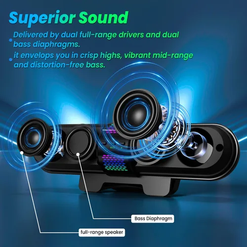 Vista 3 de BESTISAN Altavoz para computadora, conexión Bluetooth 5.3/USB con cable A/C, 6 modos de luz RGB, barra de sonido