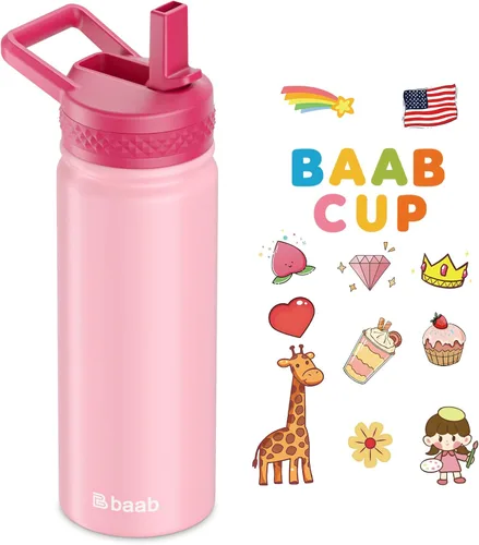 Vista 10 de baab Botella de agua para niños de 18 onzas, botella de agua aislada con popote y calcomanías, taza con popote de agua para niños de acero