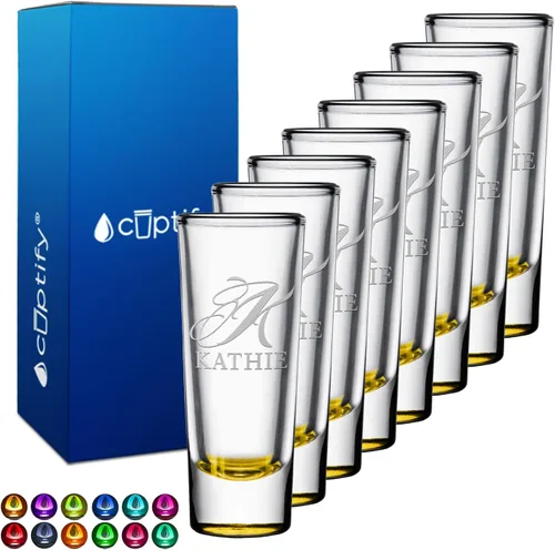 Vista 60 de Vaso de chupito personalizado con fondo negro personalizado de 2 oz, vasos de chupito cordiales con inicial y nombre en script dividido