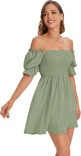 Vista 4 de WDIRARA Vestido de manga corta con volantes y cuello cuadrado para mujer