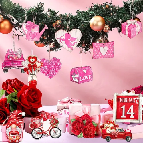 Vista 5 de 24 adornos colgantes rosados de San Valentín – Sobre de corazón para tartas de autos, regalos de rociadores enanos para decoración del día de San