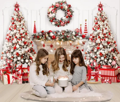 Vista 6 de Mocsicka Telón de fondo para chimenea de Navidad blanco y rojo, fondo para fotografía de árbol de Navidad, invierno, Navidad, familia, niños, fiesta